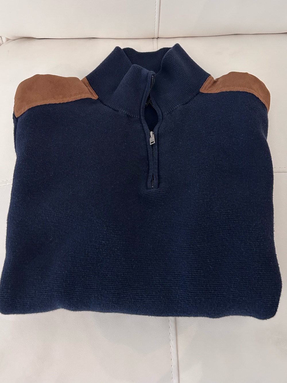 Banana Republic Navy Half-Zip Sweater with Brown Suede Shoulder Patches